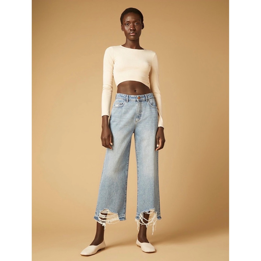 DL1961 Hepburn Wide Leg Jeans Slate Distressed Raw Hem Cropped High Rise 26